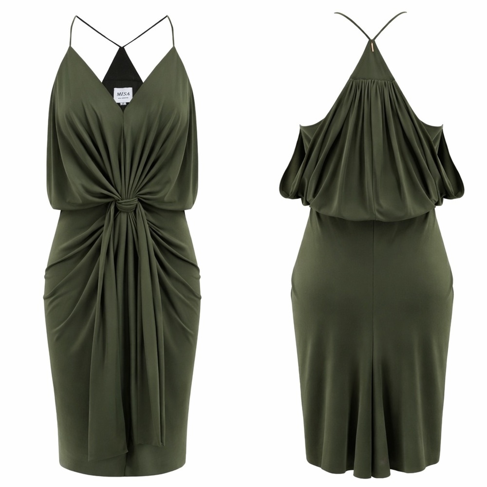 MISA Los Angeles Olive Draped Tie Waist Mini Dress Racerback Party M